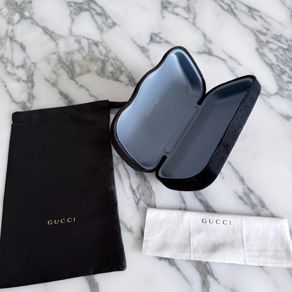 Gucci Black Velvet Sunglasses Case Blue Interior Dust Bag Cleaning Cloth Set